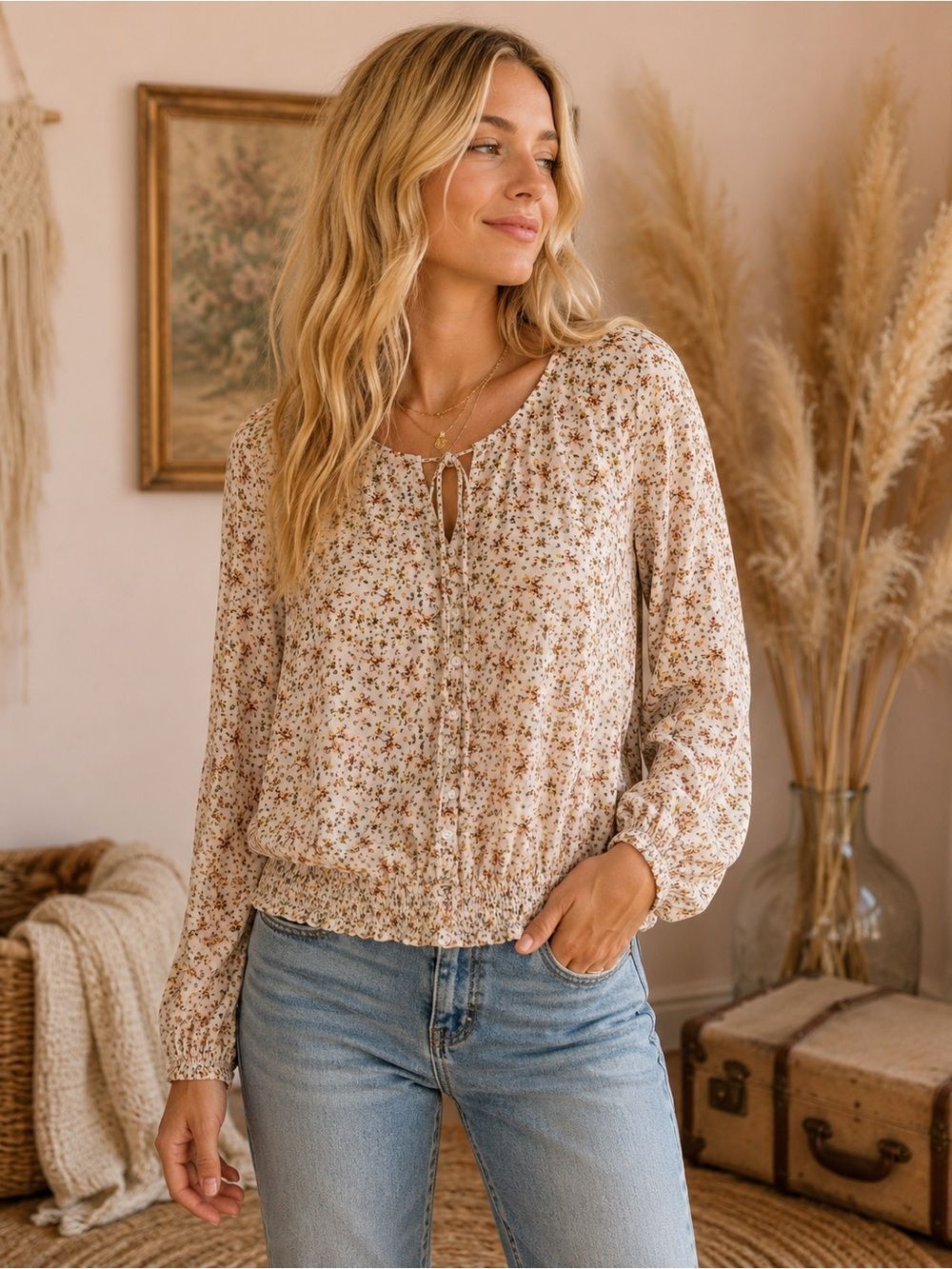 Mudd Cream Floral Tie-Neck Long Sleeve Blouse Boho Aesthetic